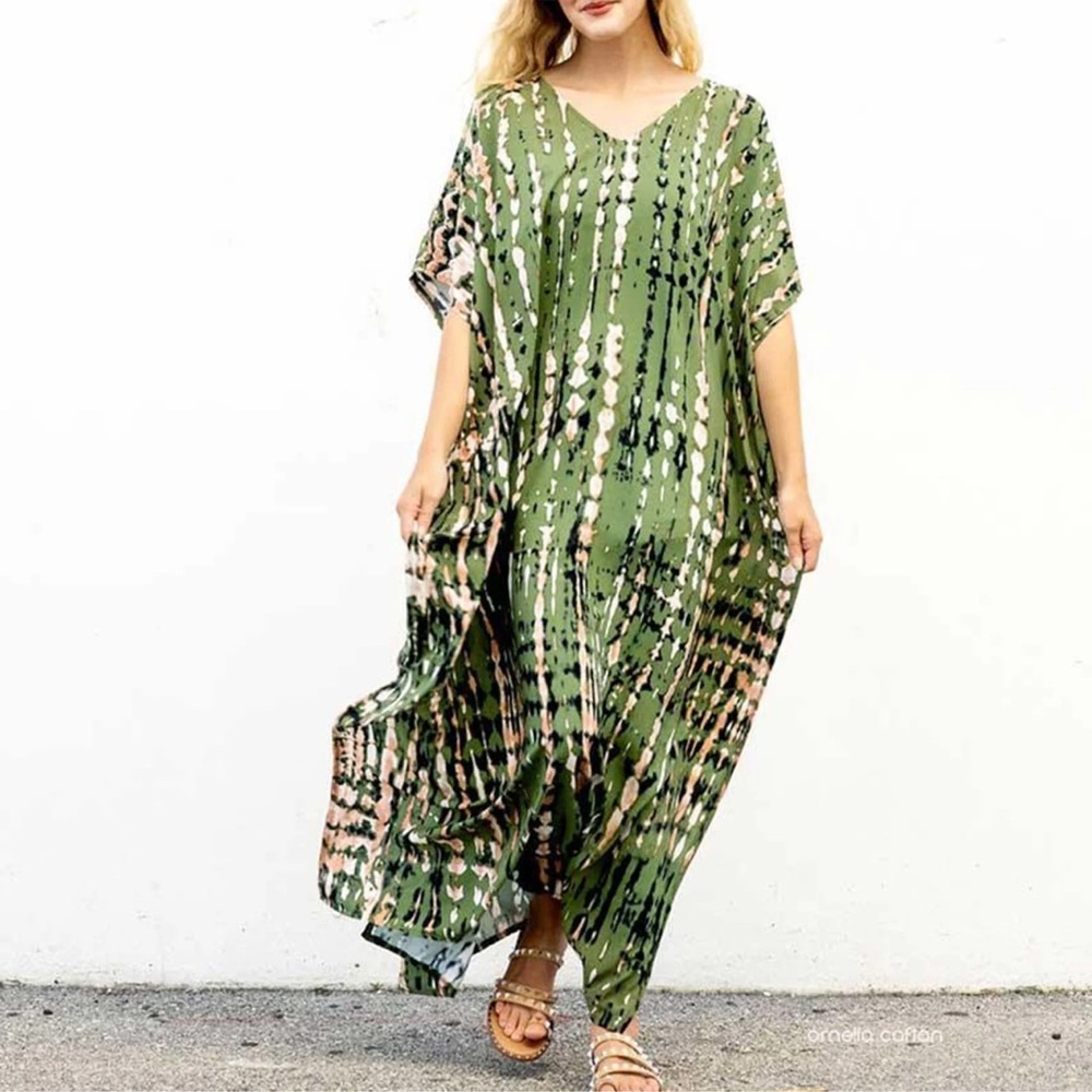 Style Park Tie Dye Kaftan Maxi Dress Green Tan Waist Tie Matching Tote NWT-OS